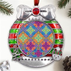 Colorful Flora Flora Kazakh Pattern Metal X mas Ribbon With Red Crystal Round Ornament by Cemarart