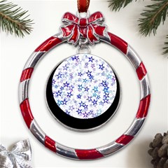 Christmas Stars Background Metal Red Ribbon Round Ornament by Posterlux