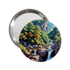 Serene Mountain Waterfall Landscape 2 25  Handbag Mirrors by ExtraAwesomeSauce