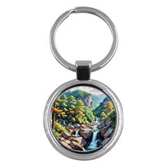 Serene Mountain Waterfall Landscape Key Chain (round) by ExtraAwesomeSauce