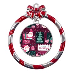 Christmas Santa Claus Metal Red Ribbon Round Ornament by Posterlux