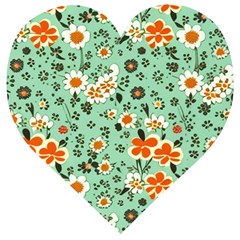 Retro 1960s Flowers Pattern 3 Wooden Puzzle Heart by violetheavensky