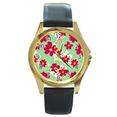 Retro 1960s Flowers Pattern Round Gold Metal Watch by violetheavensky