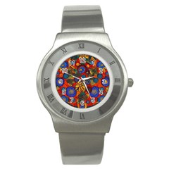 Mid Century Retro Floral 1970s 1960s Pattern 69 Stainless Steel Watch by violetheavensky