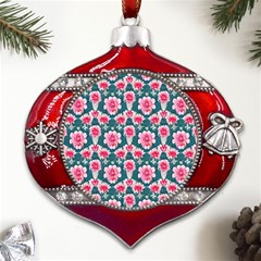 Retro 1880s Flowers Pattern 22 Metal Snowflake And Bell Red Ornament by violetheavensky