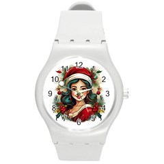 Young Woman With Santa Claus Clothes Isolated Illustration Wb Round Plastic Sport Watch (m) by dflcprintsclothing