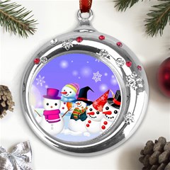 Let s Have Fun With Snowmen Metal Snowflake Red Crystal Round Ornament by kyorashop23