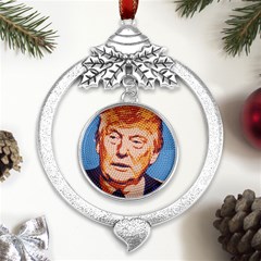 Orange Donald Trump Metal Silver X mas Leaves Round Ornament by vintagetrump