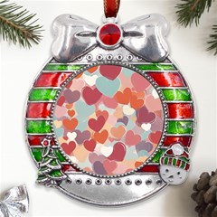 Valentines Day Hearts Romance Love Metal X mas Ribbon With Red Crystal Round Ornament by Posterlux