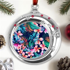 Hawaiian Flowers Hawaii Metal Snowflake Red Crystal Round Ornament by Cemarart