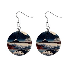 Hokusai Moutains Japan Mini Button Earrings by Bedest