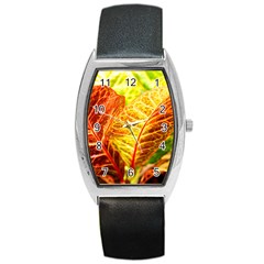 Leaves Plant Pattern Croton Nature Barrel Style Metal Watch by Sabxi