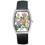 Embroidery Roses Floral Design Barrel Style Metal Watch Front