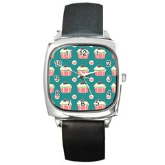 Retro 40s 50s Cupcake Pattern 2 Square Metal Watch by violetheavensky