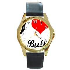 I-love-my-bulldog Round Gold Metal Watch by swimsuitscccc